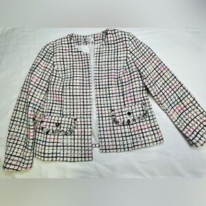 Kasper Tweed Blazer Jacket Women’s Multicolor Fringe Pocket Open Front 12P NWOT